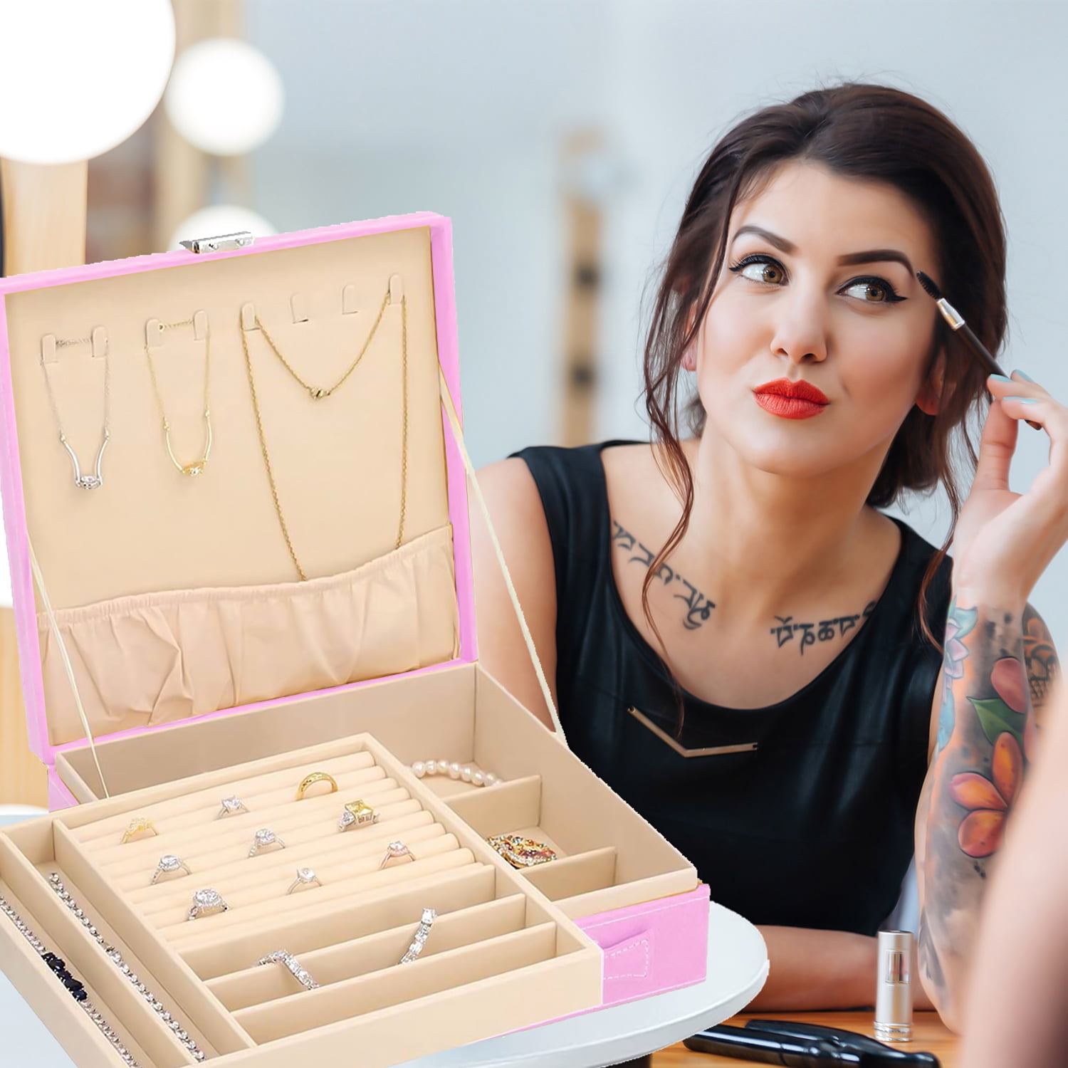 Shop LC Pink Travel Jewelry Organizer Box Case for Women Faux Velvet Tarnish 2 Layer Necklace Earrings Ring Jewelry Holder Portable Jewelry Box Storage Birthday Valentines Day Gifts
