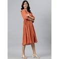 thumbnail image 4 of Janasya Boho V-Neck 3/4 Sleeve Solid Coral Orange Cotton Flared Midi Dress For Women, 4 of 7