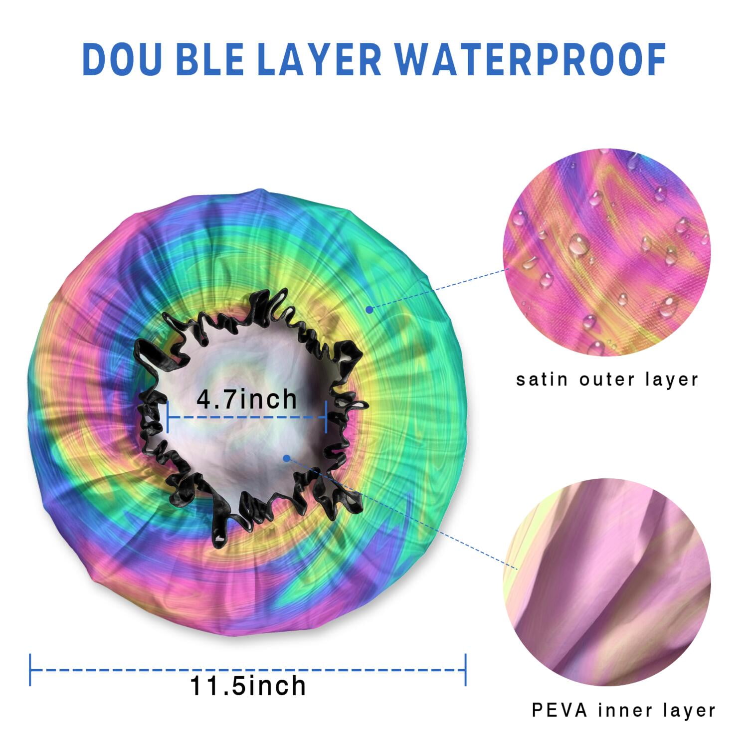 Shower Caps,Rainbow Tie Dye Spiral Pattern Waterproof Shower Cap for Women 4 Pieces,Double Reusable Hair Cover for Shower PEVA Elastic Stretch Hem