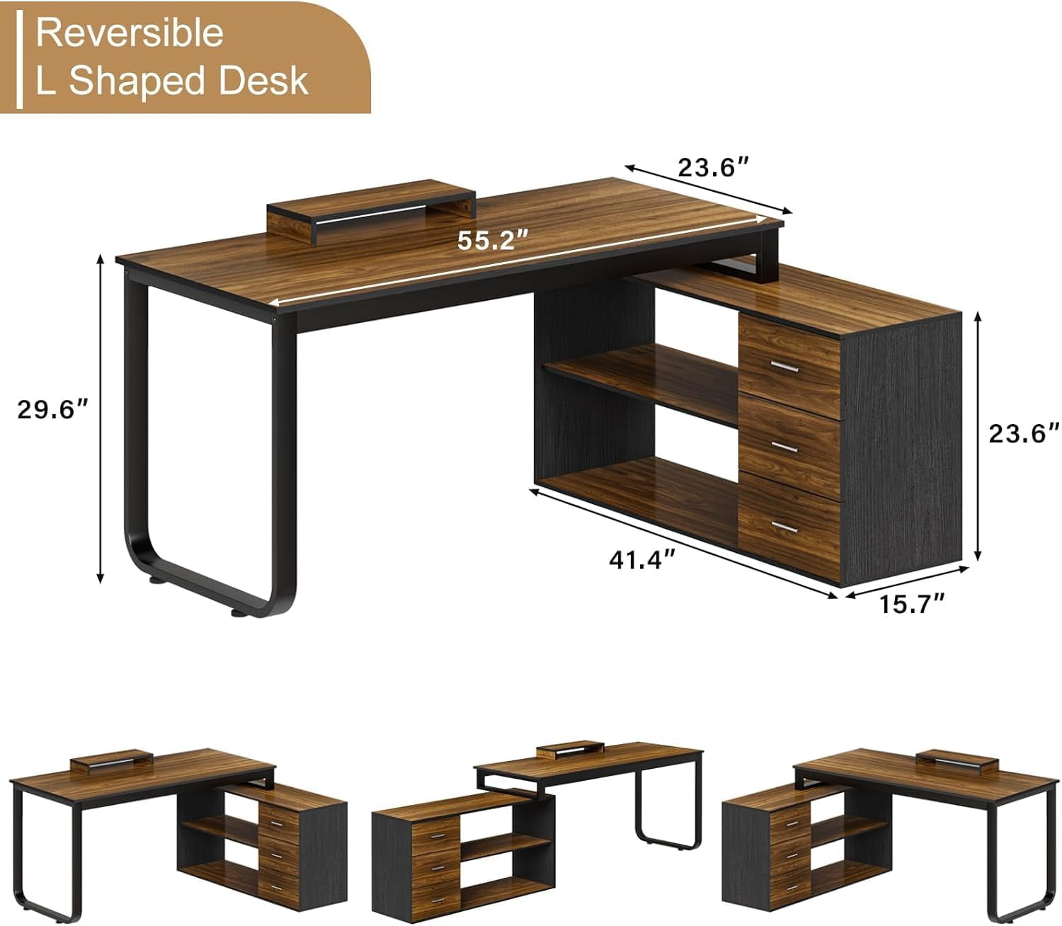 DreamCurship 55 Inch Reversible L Shaped Desk with 3 Storage Drawers, Computer Desk with Shelves and Monitor Stand, Corner Desk for Small Spaces, Black