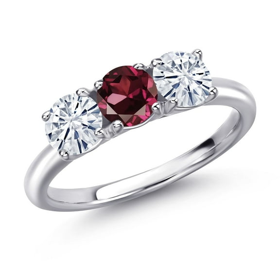 Gem Stone King 925 Sterling Silver Red Rhodolite Garnet and White Moissanite Engagement Ring for Women | 1.60 Cttw | Round 5MM | Gemstone January Birthstone | Size 7