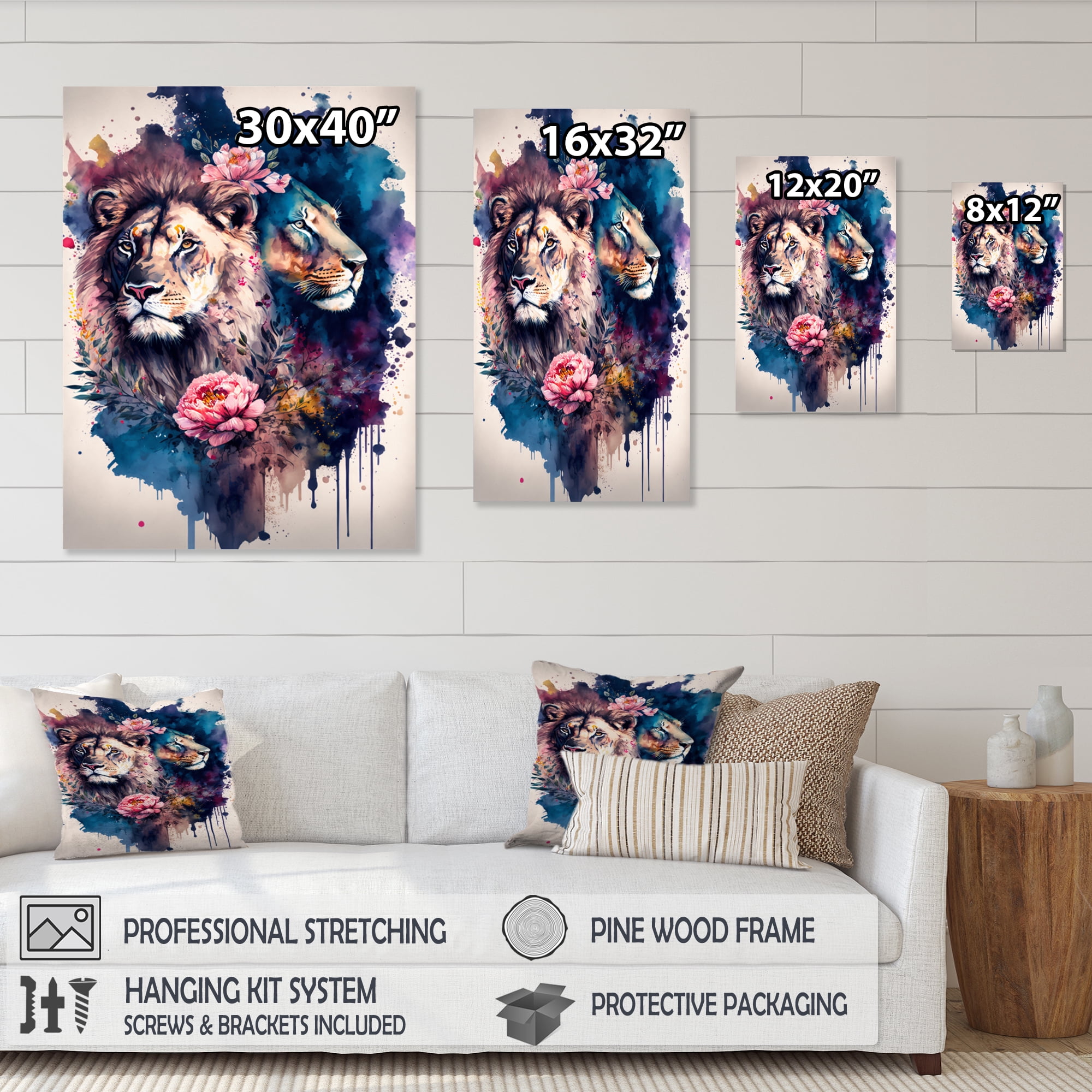 Designart Cute Lions Floral Art I Canvas Wall Art