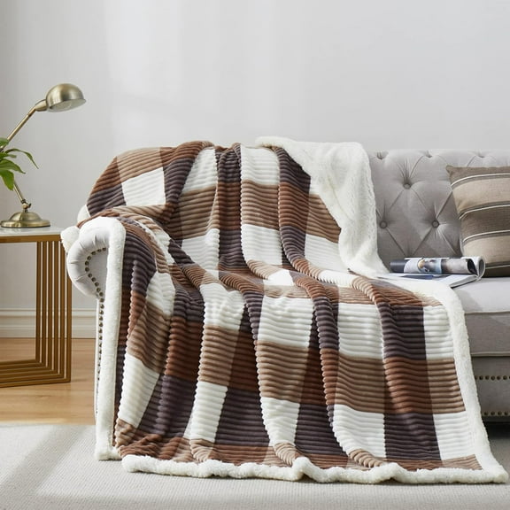 Osmanthus Sherpa Blanket Full/Queen Plaid Thick Bed Blanket, 90”*80” Super Soft Flannel Fuzzy Fleece Reversible Velvet Plush Warm Blanket for Couch(Beige Check, 80"*90")