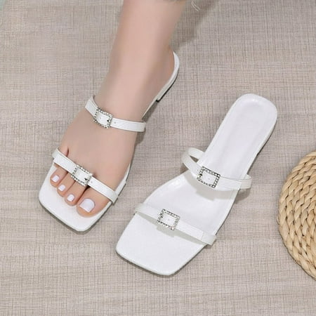 

Womens Sandals Gnobogi New Summer Square Headed Flat Bottom Women s Shoes Casual Outwear Beach Slippers Sandals for Women Dressy Summer White
