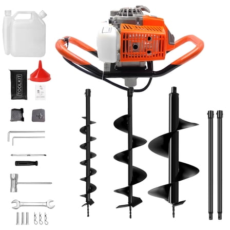 EVGTTI 72CC Auger Post Hole Digger with 3 Auger Drill Bits(4" & 8 & 12")   2 Extension Rods(24" & 24"), Gas Powered 2-Stroke Earth Digger for Orchard Farm Garden Plant