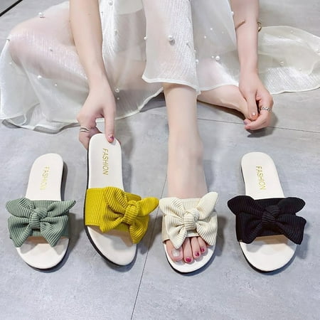 

Cathalem Women s Flat Bottom Fashion Casual Large Knitted Fabric Bow Roman Sandals Indoor Slipper Boots for Women Black 6.5