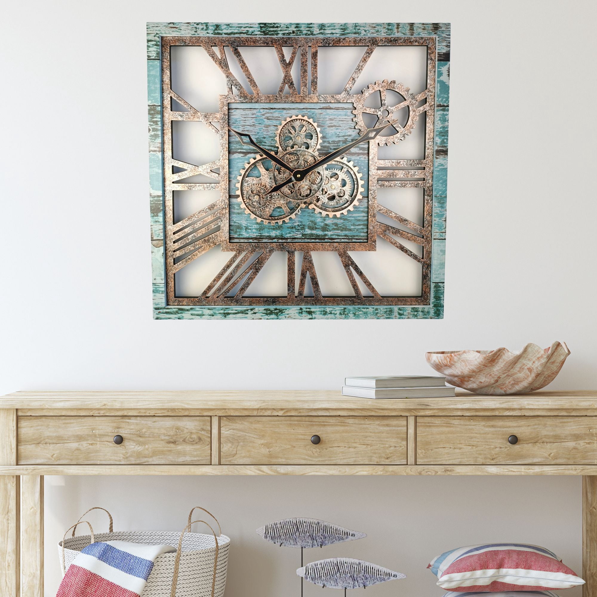 THE GEARS CLOCK Wall Clock with Real Moving Gears AM-LI_ 24 in Square Aqua-Green