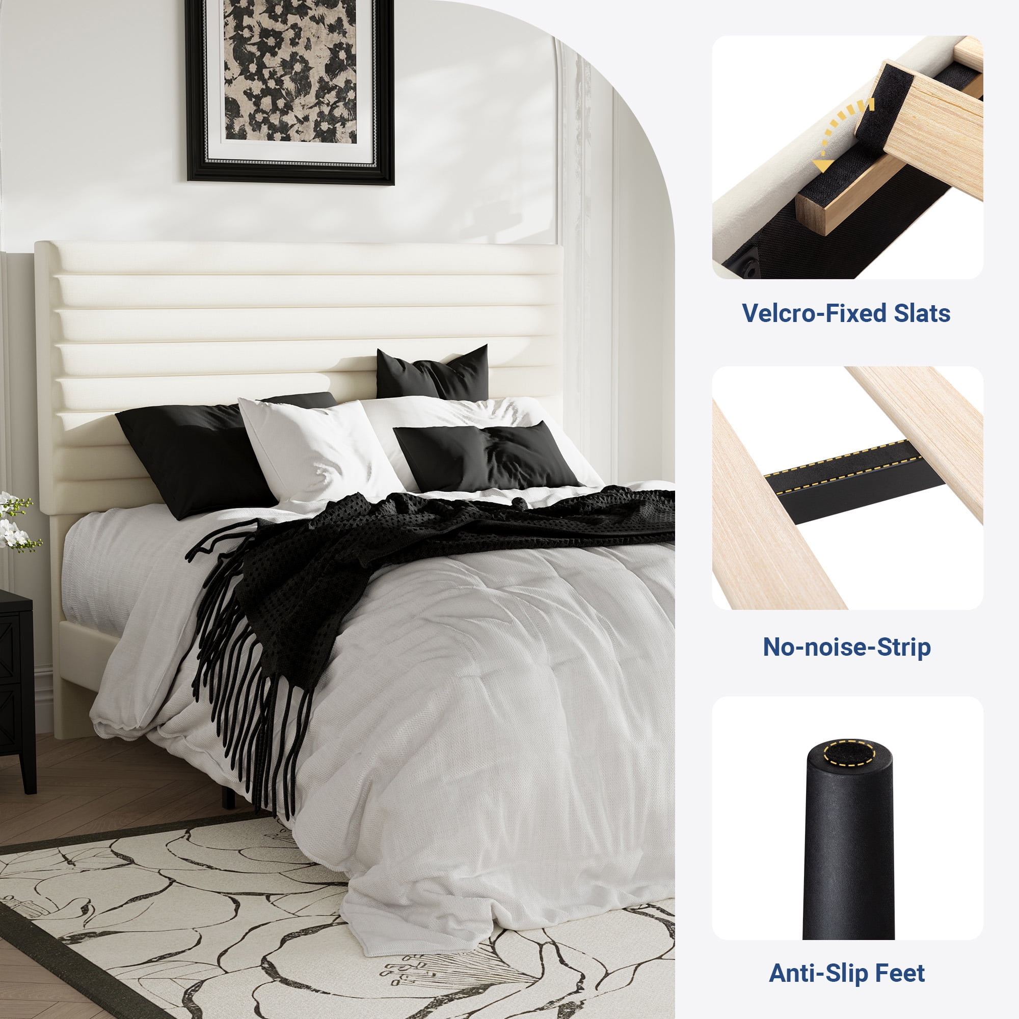 Allewie Full Size Adjustable Headboard Bed Frame with 7.9'' Underbed Storage, No Box Spring Needed, Cream White