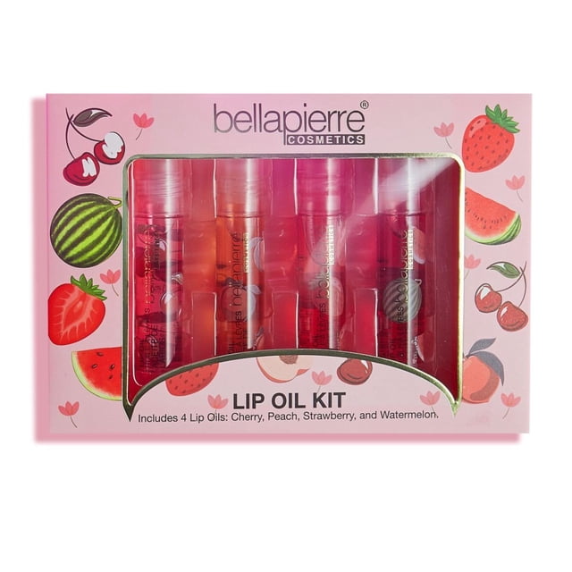 bellapierre Cosmetics Kit de aceite labial natural de 4 piezas | Juego de brillo labial hidratante | Colección de aceites labiales con sabor a frutas y aplicador tipo rollerball