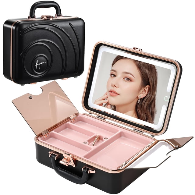 Estuche de viaje para maquillaje Faquenc con espejo iluminado por LED de 30 cm, color negro
