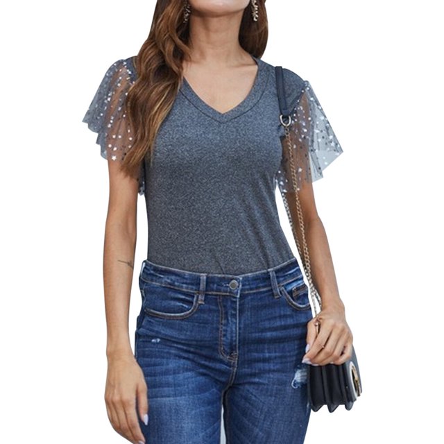 Unatoiry Basic V Cou Manches Courtes T-Shirts Été Casual Tops Gris S
