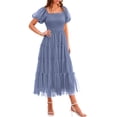 thumbnail image 1 of Vestido PRETTYGARDEN Midi con Fruncido, Tul y Mangas Abullonadas en Gris Azul Talla L, 1 of 7