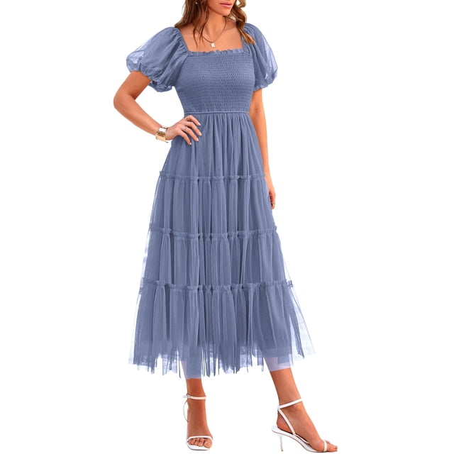Vestido PRETTYGARDEN Midi con Fruncido, Tul y Mangas Abullonadas en Gris Azul Talla L