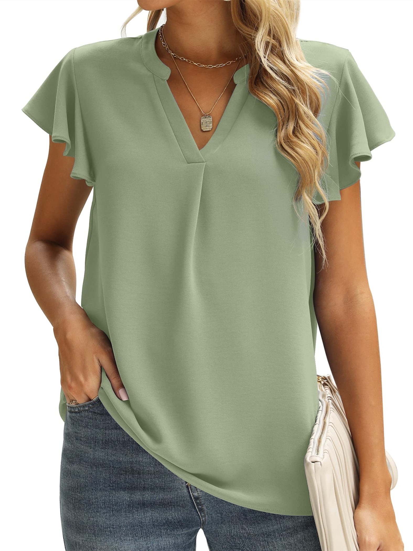 UVN Ruffle Blouses for Women Summer Casual Chiffon Shirts V Neck Loose ...