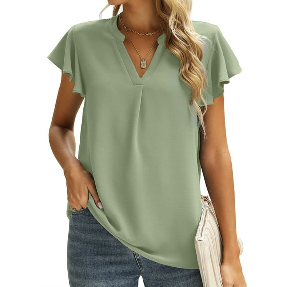 UVN Ruffle Blouses for Women Summer Casual Chiffon Shirts V Neck Loose Short Sleeve Tunic Tops