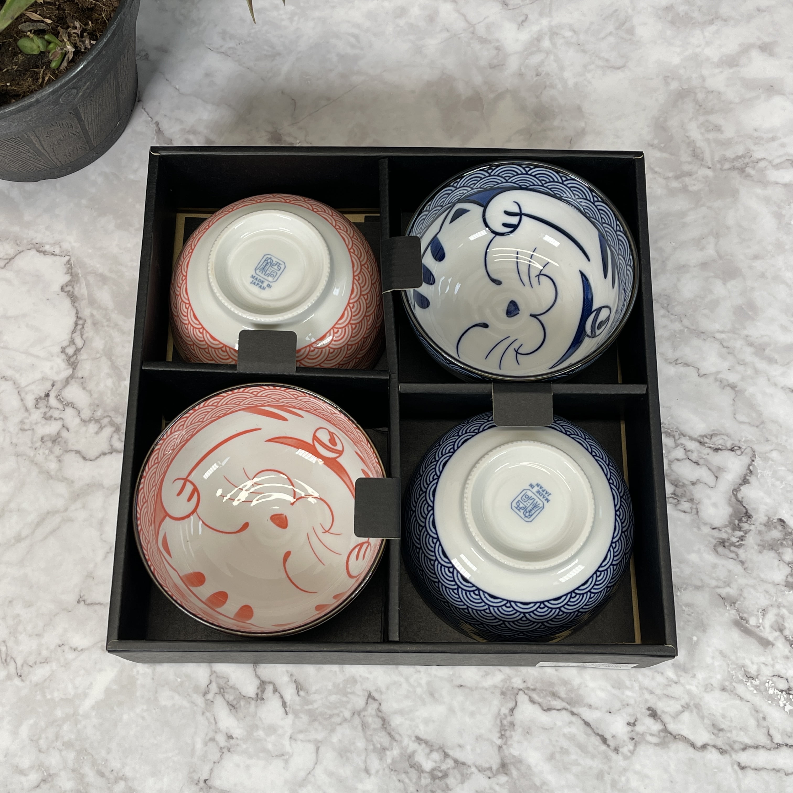 4 pcs Ceramic Lucky Cat Bowl Gift Set Blue Pink, Dinning Bowl
