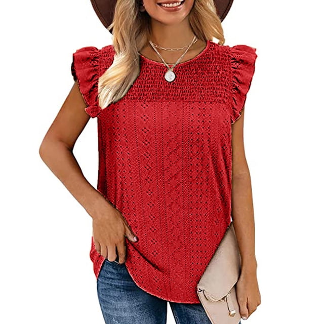Meichang Débardeurs pour Femmes Broderie Anglaise Chemises Tendance Manches Courtes Blouses pour Femmes Tenue Décontractée Printemps 2024 Col Rond Chemise Basique