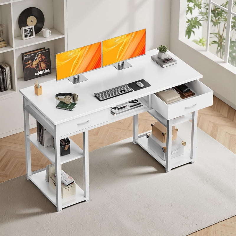Kelno 48 Inch Computer Desk with Storage Shelf 2 Fabric Drawer Vanity Writing Table, White