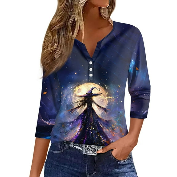 Abcomgle Halloween T Shirts for Women Henley V Neck 3/4 Sleeve Tee Top for Women Cute Witch Graphic T Shirts for Women Fall Plus Size Halloween Womens Clothing,L