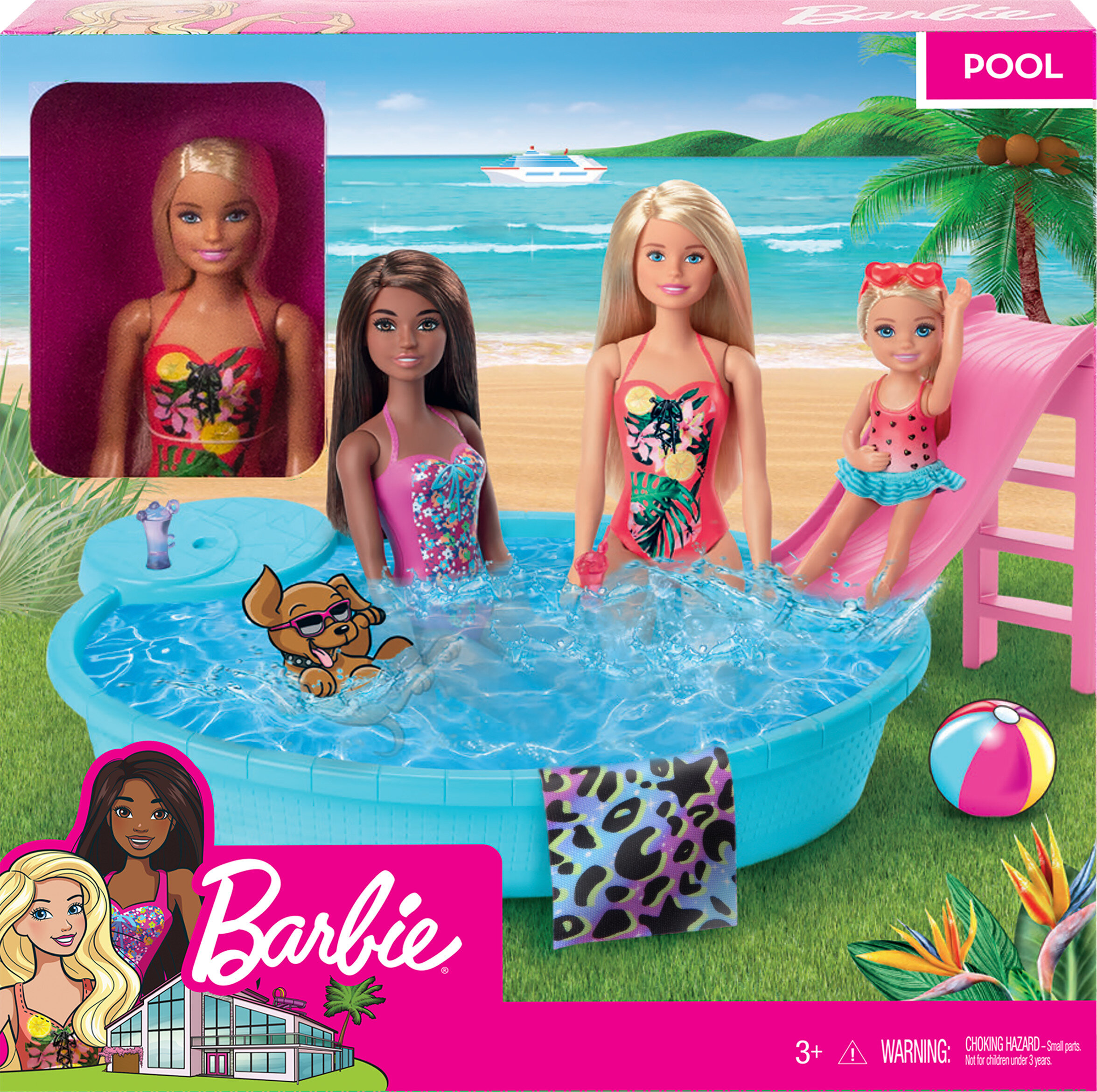 Barbie Doll and Pool Playset with Slide and Accessories, Blonde in Tropical Swimsuit - image 7 of 7