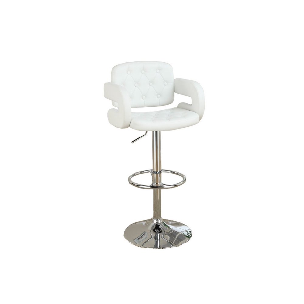 Adjustable Bar Stool with Armrests, White Faux Leather