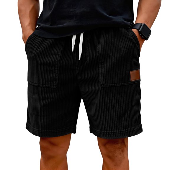 Homeyce Shorts for Men Corduroy Drawstring Elastic Waist Lounge Short Casual Regular Fit Vintage Cozy Soft Bermuda Short with Pockets Straight-Leg Cargo Short,Black M