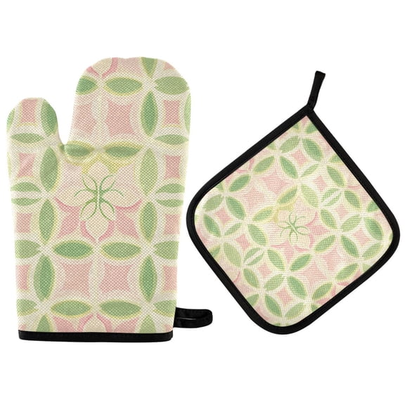 Yayeee Oven Mitts and Pot Holder Set of 2 Heat Resistant Kitchen Gloves Baking Hot Pad, Light Green Geometric