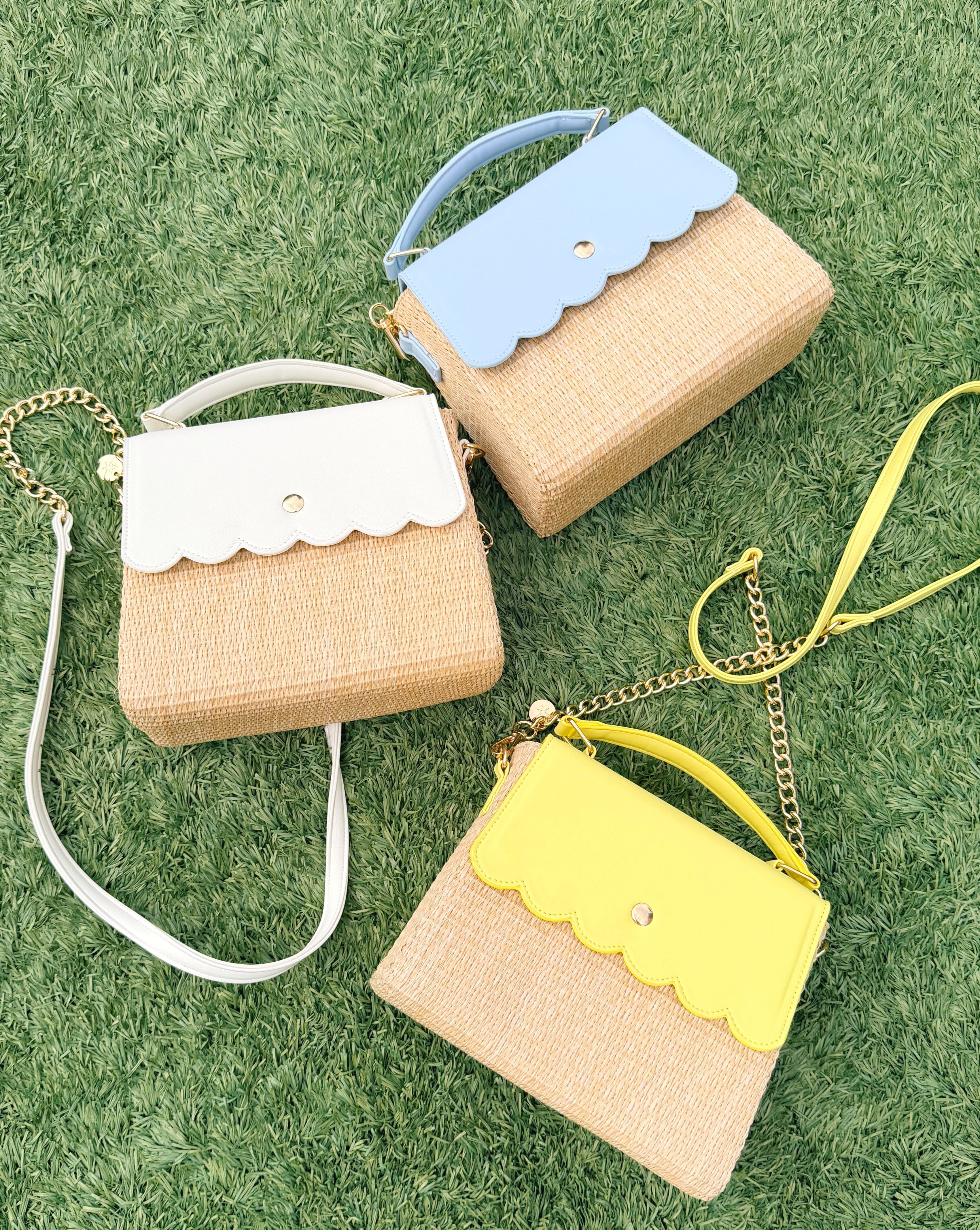 Packed Party Women's Woven Straw Crossbody Bag with Faux Leather Scallop and Chain Strap, Yellow
