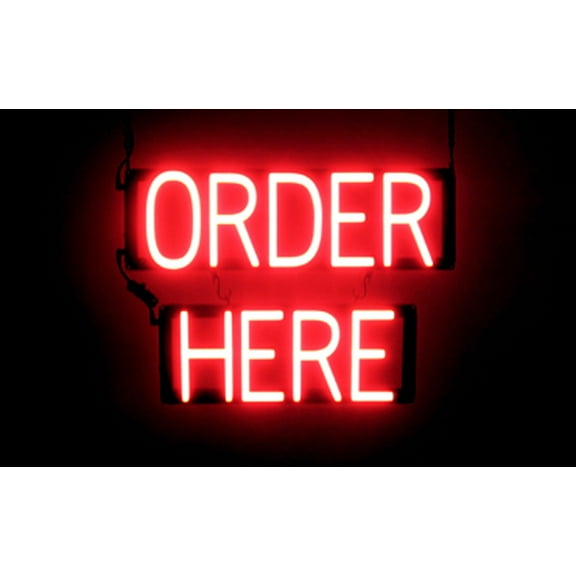 SpellBrite ORDER HERE LED Sign for Business. 20.3" x 15.0" Red ORDER HERE Sign Has Neon Sign Look With Energy Efficient LED Light Source. Visible from 500 Feet, 8 Animation Settings.