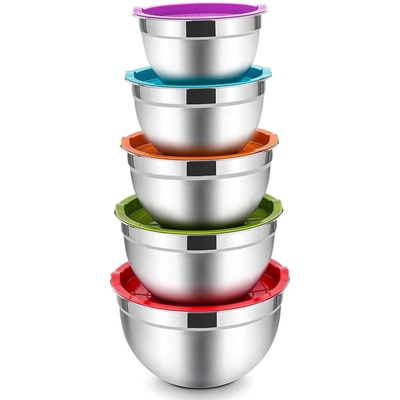 Mixing Bowls with Lids Set of 5, Vesteel Stainless Steel Mixing Bowls Metal Nesting Salad Bowls, Size 4.5, 3, 1.5, 1, 0.7 QT Great for Cooking, Baking, Serving - Multi-Color