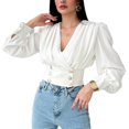 thumbnail image 1 of Women Blouse V Neck Pleated Shoulder Long Puff Sleeve Button Waist Shirred Back Hem Blouse White S, 1 of 3