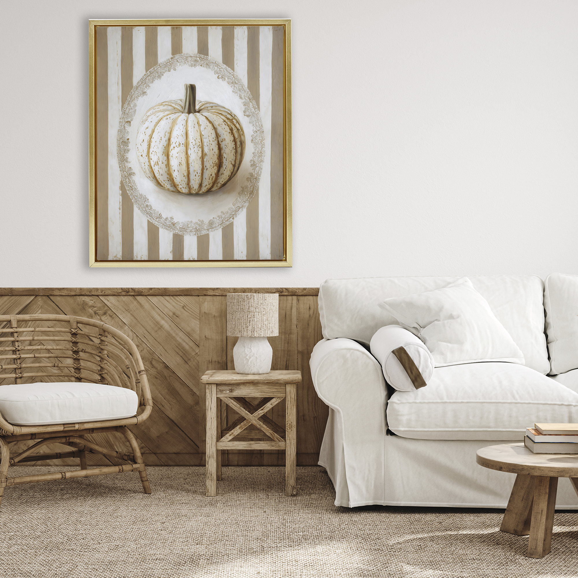 Beige Stripes Pumpkin Gold Framed Floater Canvas Wall Art, design by Arlington Prints