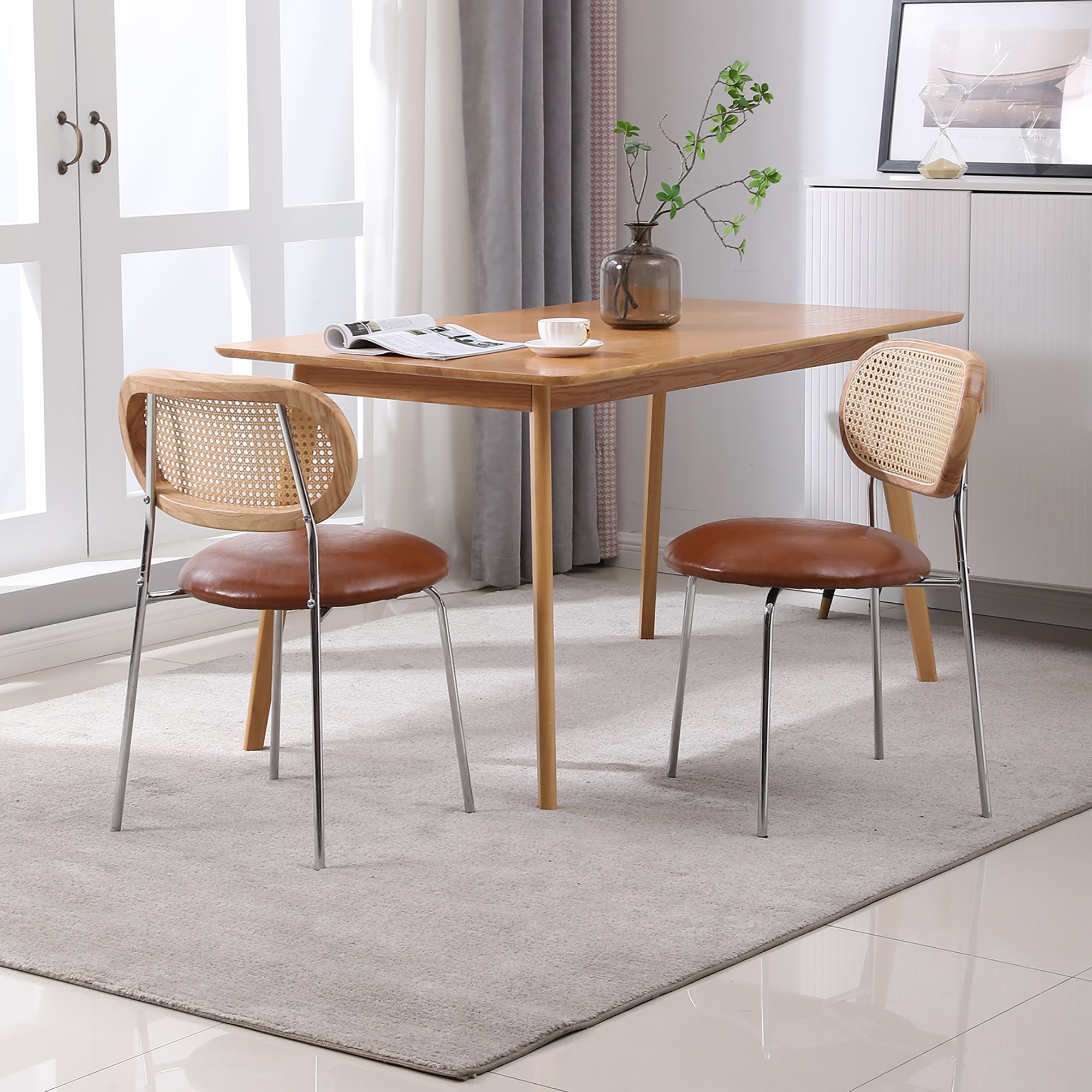 Kadyn Dining Chair Set of 2, Upholstered Kitchen Chairs with Rattan Backrest for Living Room, Brown Kadyn Dining Chair Set of 2, Upholstered Kitchen Chairs with Rattan Backrest for Living Room, Brown