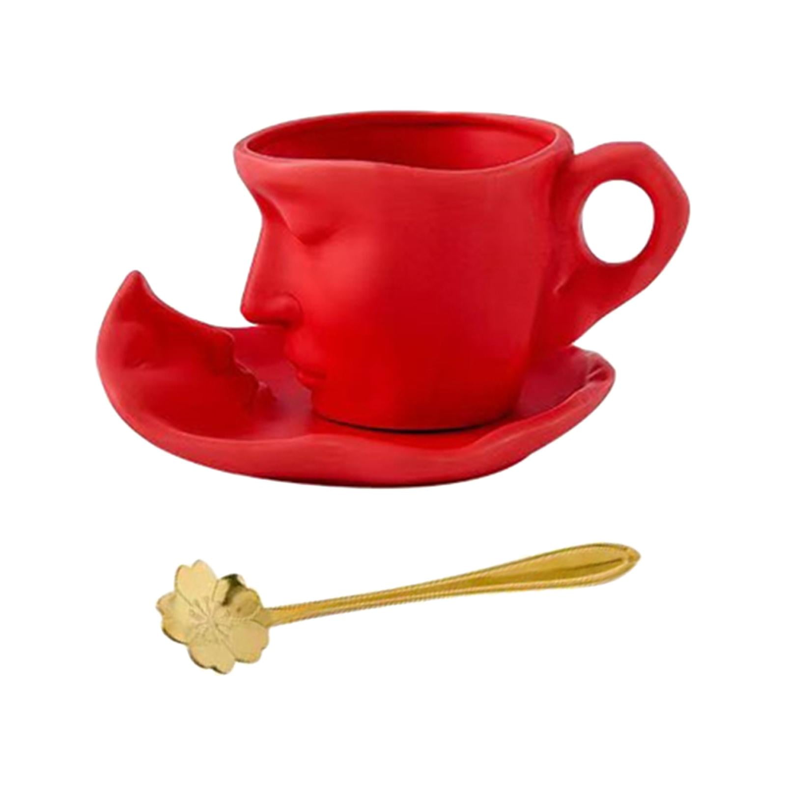 Nishiyuenyi 3D Human Face Kissing Mug with Spoons and Human Face Coaster Espresso Mugs 260ml Red