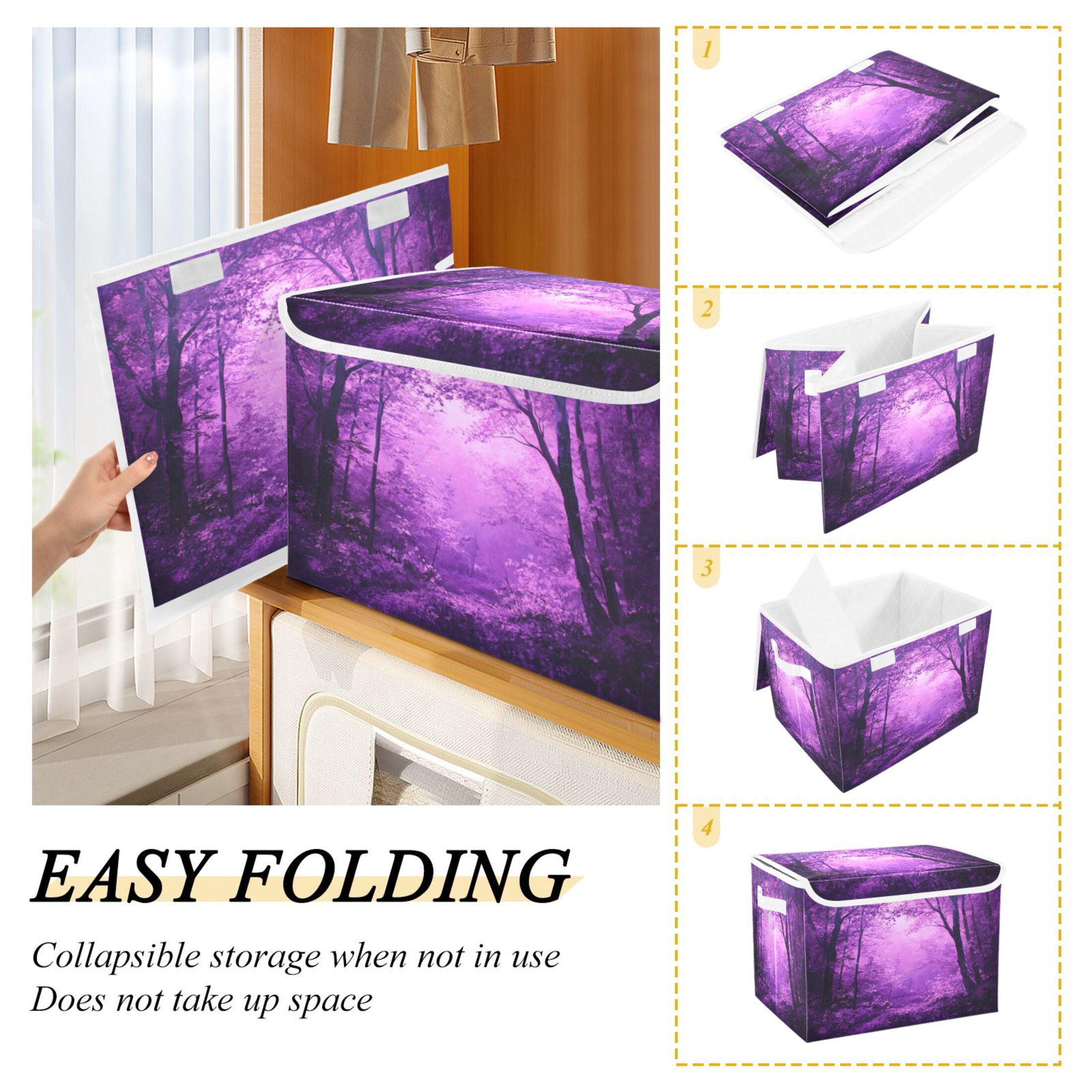 Storage Box With Lid 16.5x12.6x11.8In Foldable Stacked Household Storage Box Purple Forest Picture