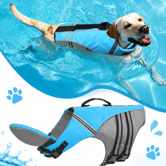 Dog Life Vest, Reflective Adjustable Dog Swim Vest with Rescue Handle and Leash Ring, Buoyant Sports Style Pet Life Jacket for Swimming Boating, Multiple Colors and Sizes (Blue L)