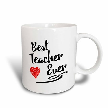 3dRose Typographic Design- Best Teacher Ever in Black with Red Swirly Heart - Ceramic Mug,