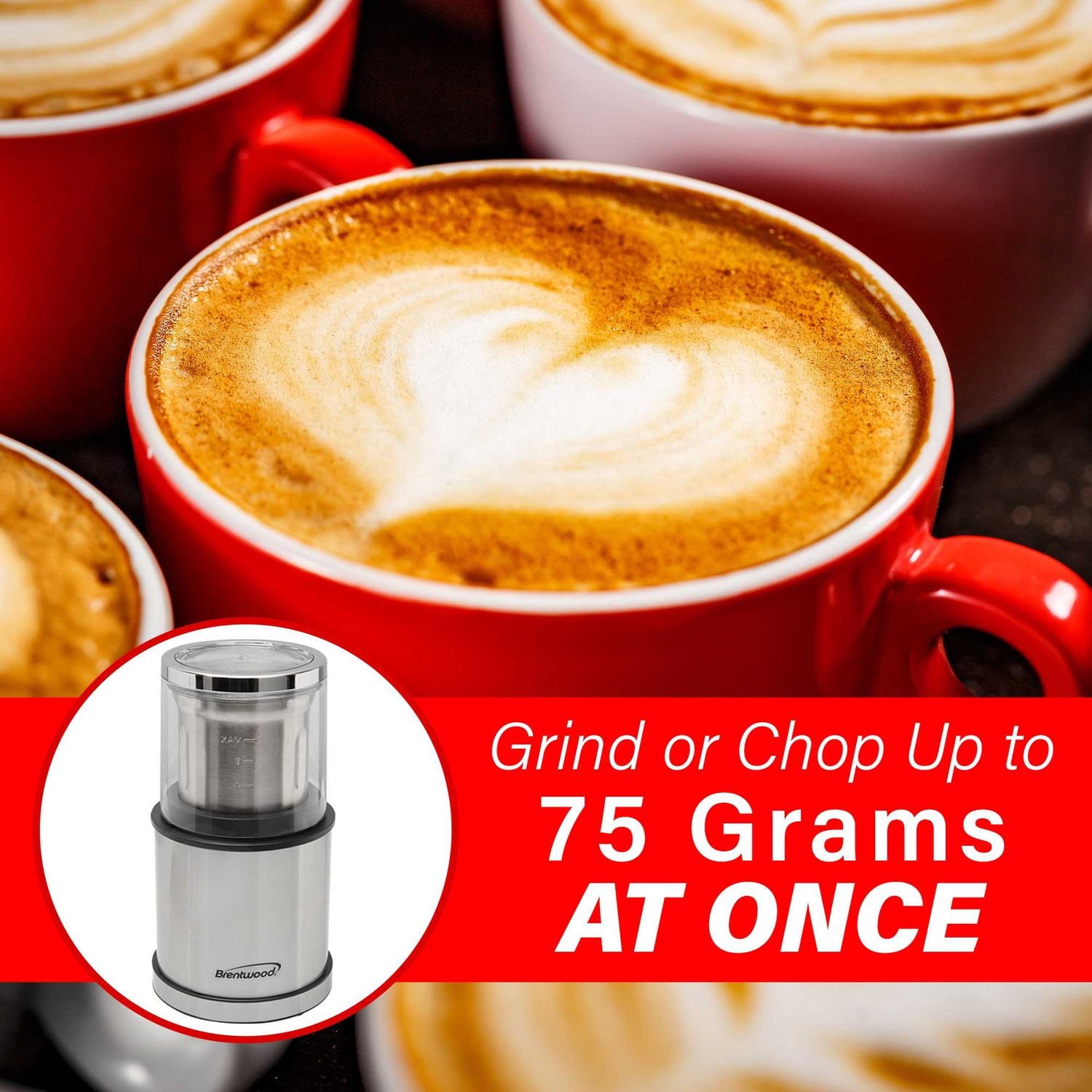 Brentwood 75-Gram Electric Stainless Steel Wet-and-Dry Coffee Bean, Herb, and Spice Grinder with 2 Removable Bowls, CG-162S , CG-162S