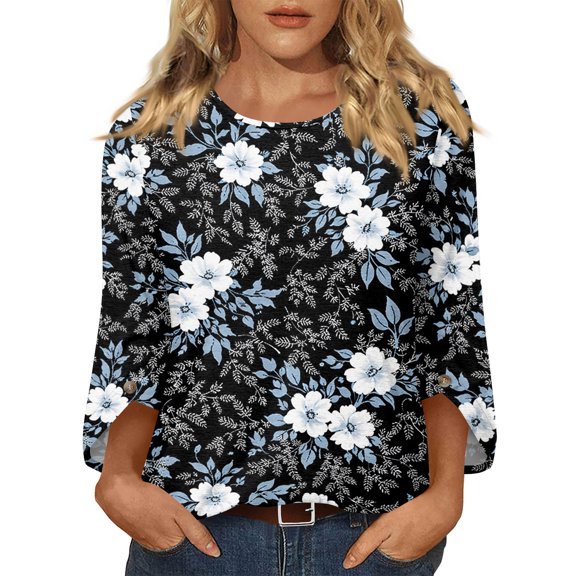 Womens Floral Print Tops Casual 3/4 Sleeve Tunic Shirts Loose Fit Crew Neck Blouses Lightweight Spring Summer Tops