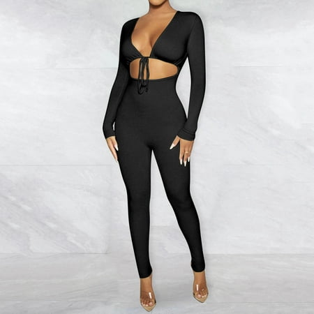 

Yuwegr Jumpsuits For Women Solid Long Sleeve Sexy Jumpsuit Dressy Rompers Loose Casual Summer Stretchy Bodysuit Black M