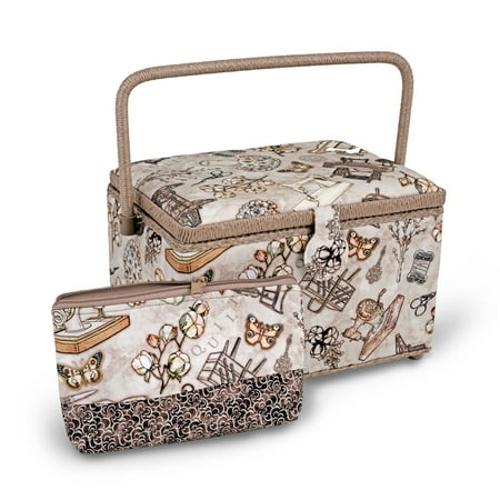UPC: 0072879629408 | Dritz Rectangular Sewing Basket with Zippered Case Large Neautral Sewing