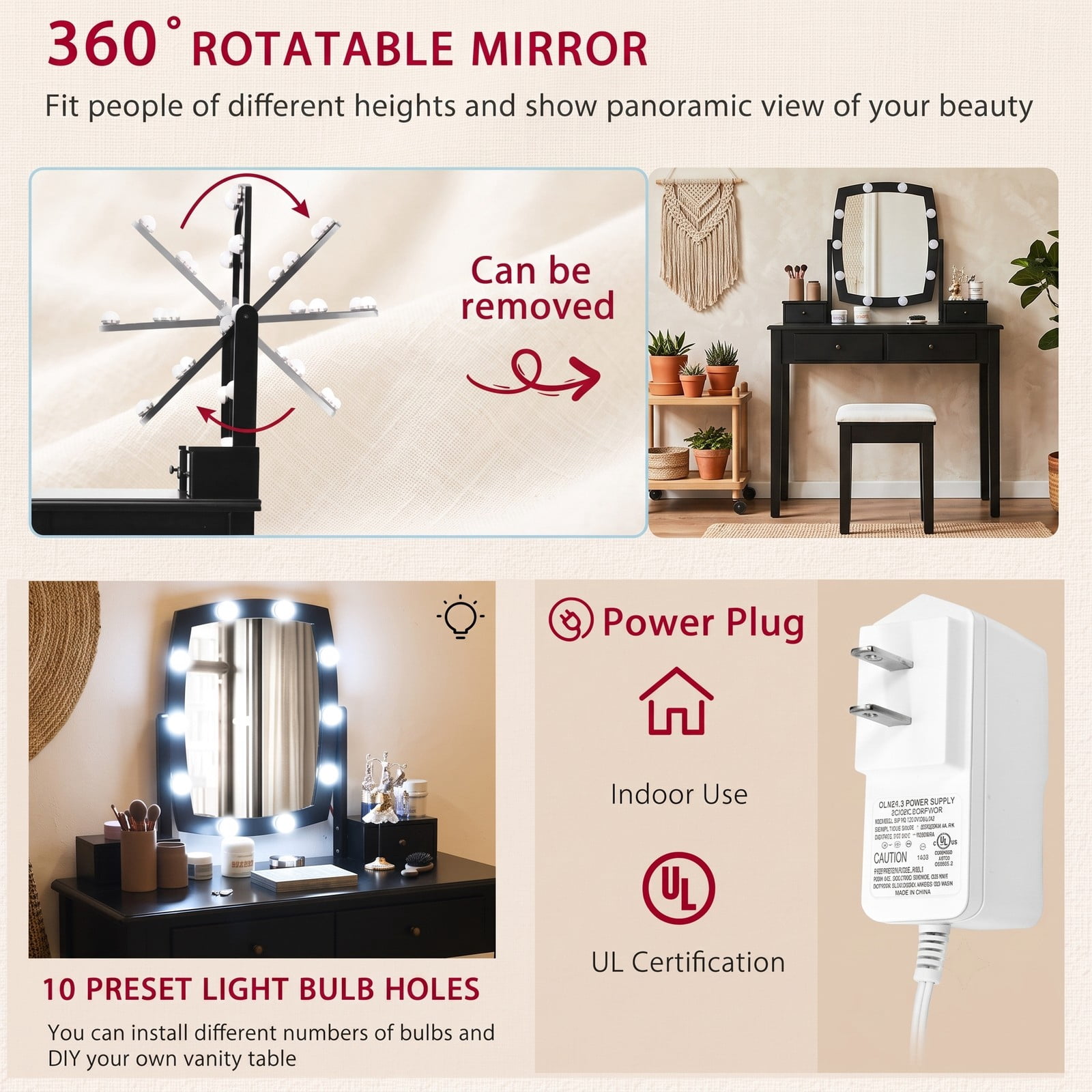 Furnibear Vanity Table Set with 10 Dimmable Bulb Lighted Mirror and Cushioned Fabric Stool and Drawers for Bedroom and Dressing Room, Black