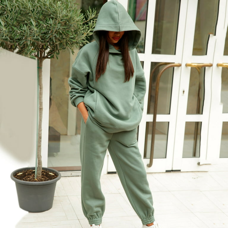 2-Piece Hoodies Set Solid Color Pullover Sweatshirt & Sweatpants Thick  Tracksuit for Casual Sports Loose Fit Long Sleeves Baggy Pants Women's  Clothing