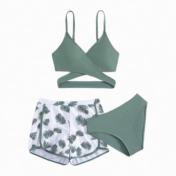 UngA Girl's 3 Piece Swimsuit Tropical Print Criss Cross Bikini Set Bathing Suit for Girls Swimwear with Shorts (Mint Green,14-15 Years)
