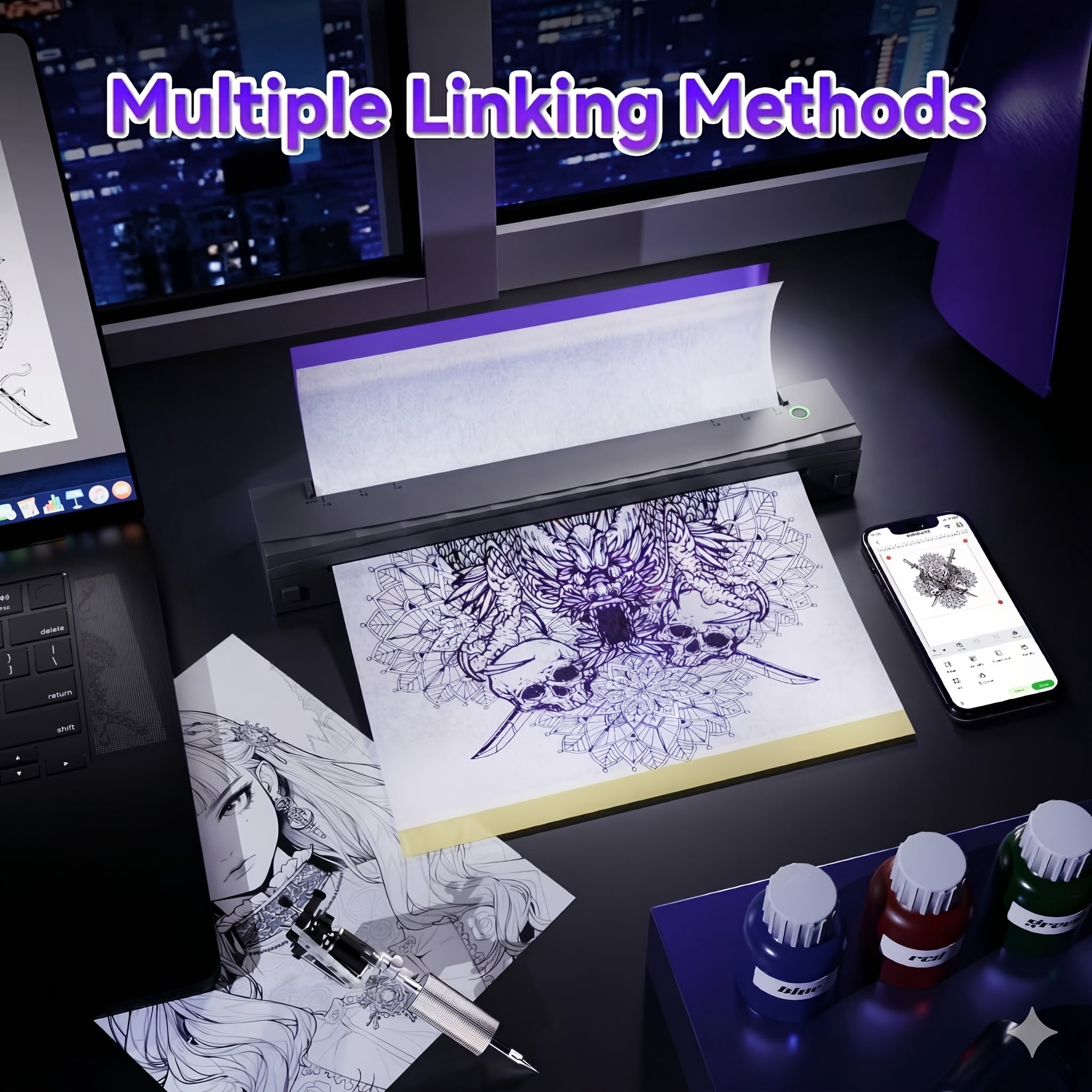 2026 New Inkless A4 Thermal Printer, Document Printer And Tattoo Transfer Printer, Wireless Thermal Printer Compatible with Smartphones And Tablets, Suitable for Thermal Paper/Tattoo Transfer Paper