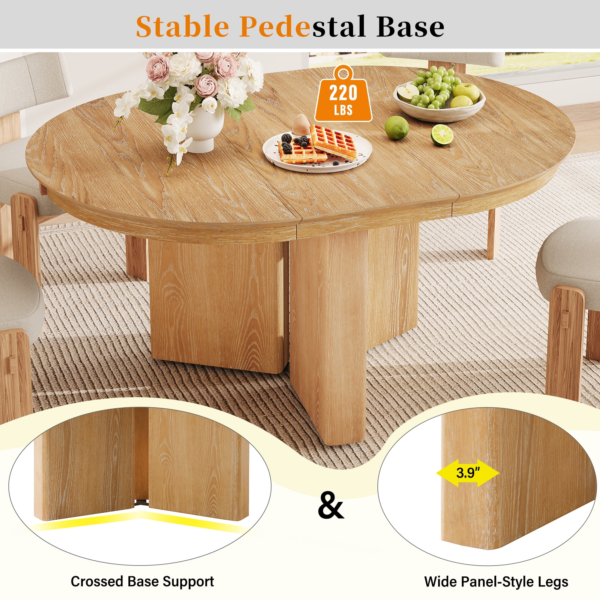 42-58 Inch Extendable Oval Dining Table with Pedestal Base, Modern Farmhouse Kitchen Table and Dining Room Centerpiece, Natural