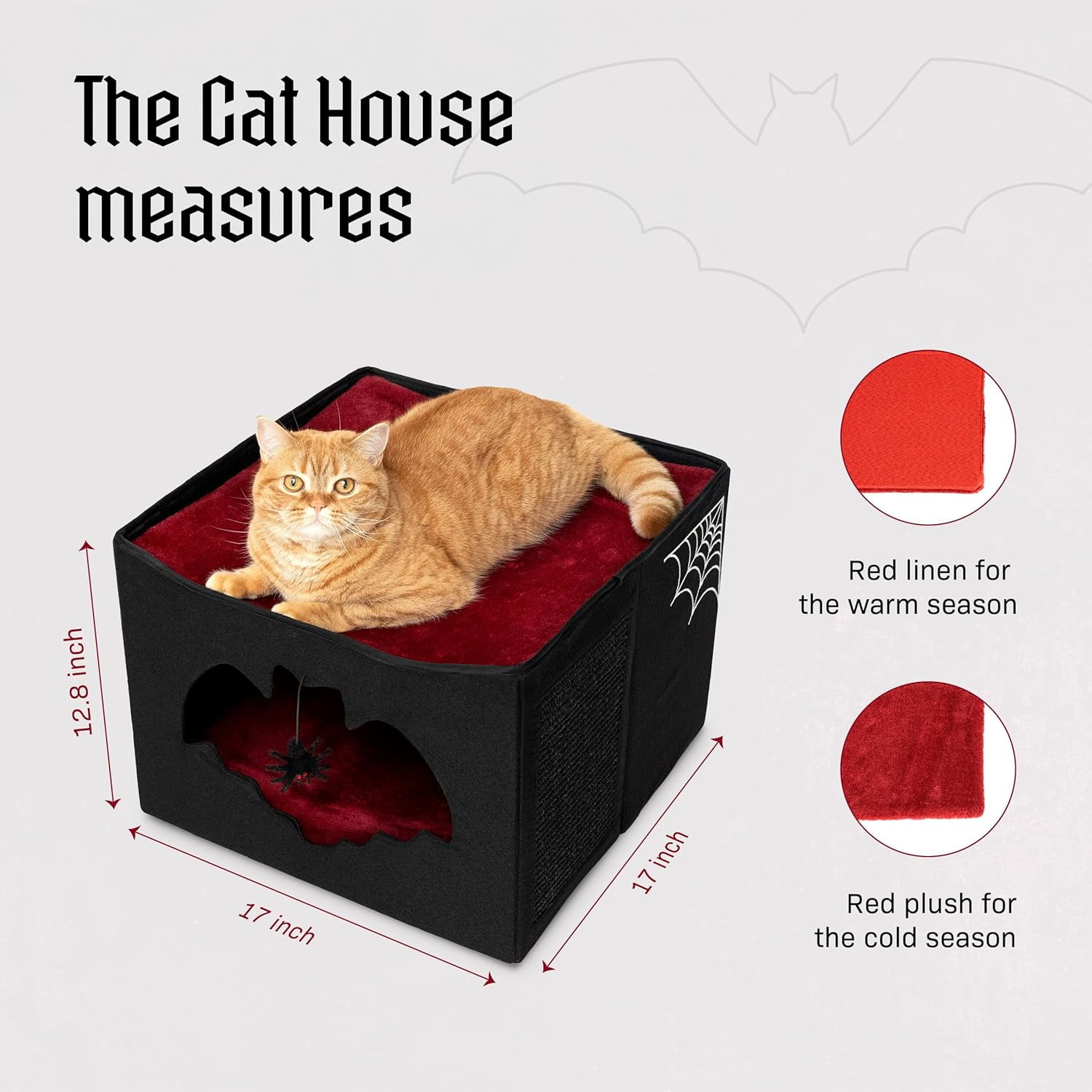 Gothic Cat Bed for Indoor Cats or Pets, Foldable Cat Halloween House 17x17x12.8, Includes Bat-Shaped Entry, Spider Toy, Scratch Pad, and Soft Cushion for Goth Cat, Black and Purple Gothic Cat House