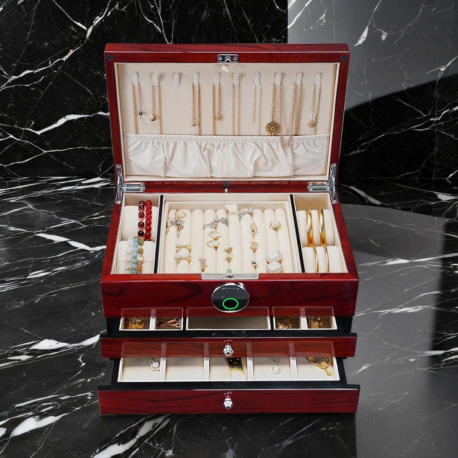 Smart Jewelry Box with Fingerprint Lock, 3-Layer Large Wood Jewelry Organizer for Women, Rosewood Piano Finish Storage Chest with Drawers