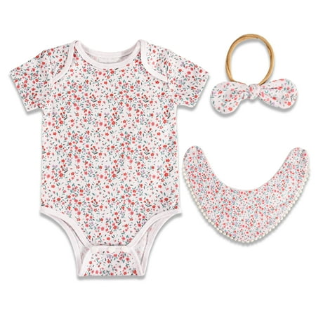 

Baby Girl Layette Set (3-Pcs) - Bodysuit Bibs & Headhand - Newborn Essentials