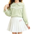 thumbnail image 4 of Girls Lace Peter Pan Collar Long Sleeve Blouse, Kids Textured Swiss Dot Button Down Shirt Flounce Casual School Uniform Top for Back to School Daily Outdoor Wear(Light Green,9-10 Years), 4 of 4